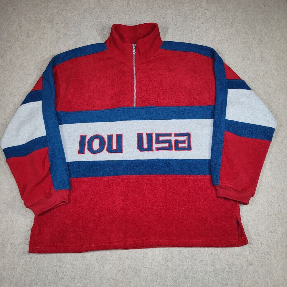 IOU Vintage USA 1/4 Zip Pullover Mens Large Red White‎ Blue Sweater Mock Neck